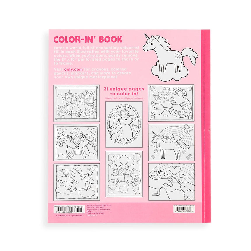 Coloring book with unicorn illustrations on a pink cover