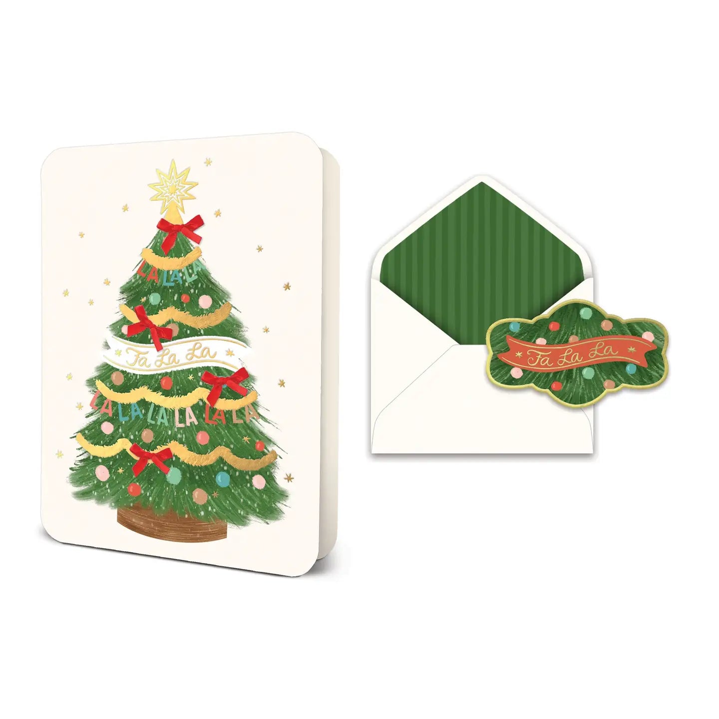 Christmas-themed card with a tree design and bows, with envelope and matching sticker on a white background