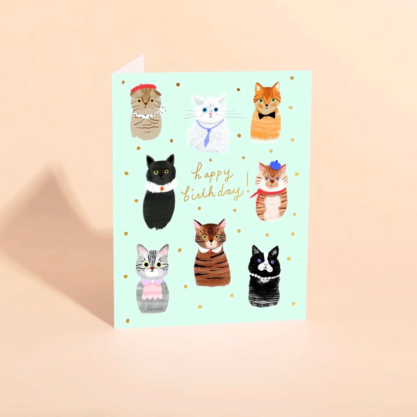 A birthday card featuring illustrated cats in various outfits, with a 'Happy Birthday' message, against a light blue background with gold foil details.