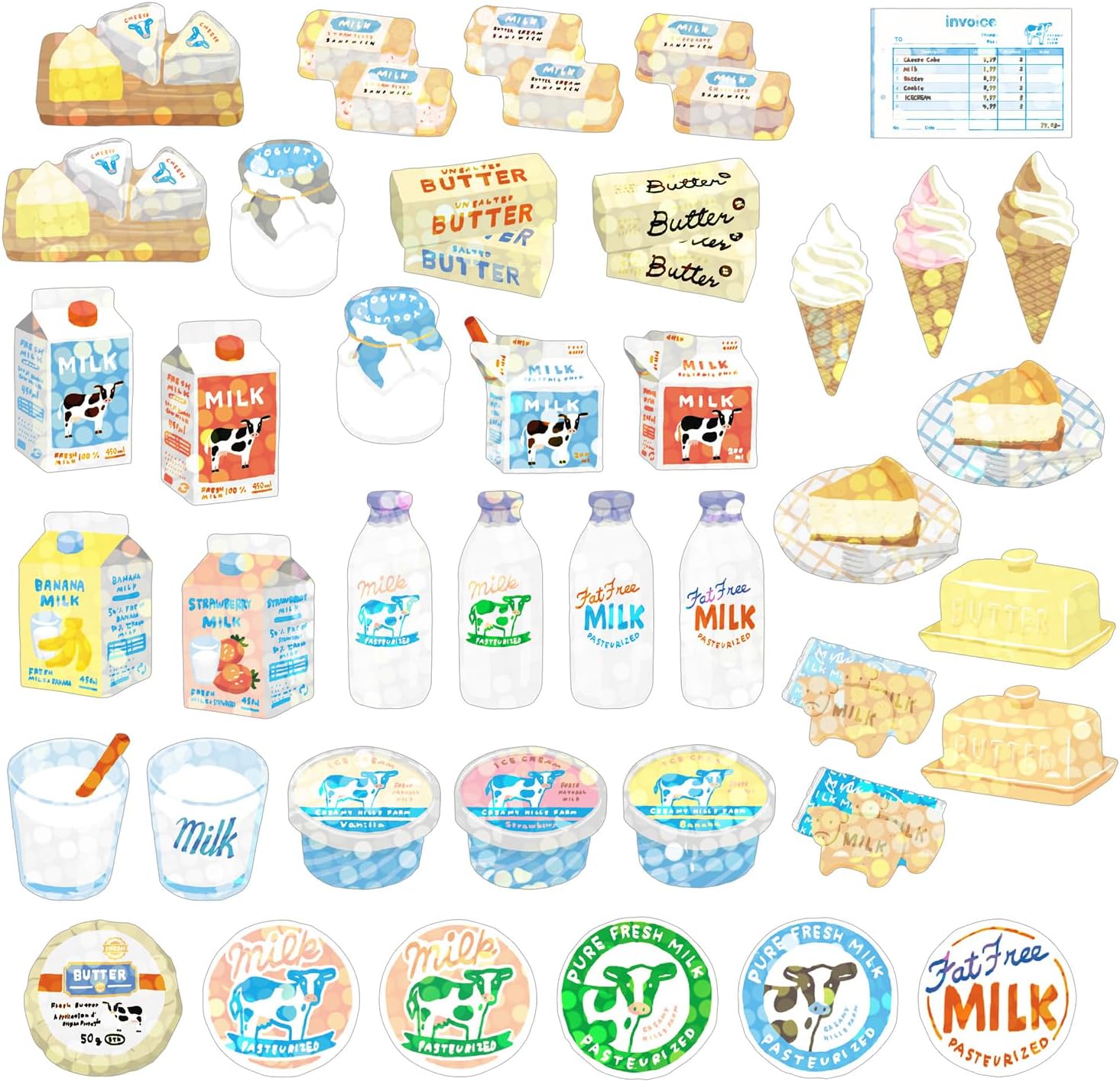 Collection of dairy products including butter, milk, ice cream, and yogurt on a white background.