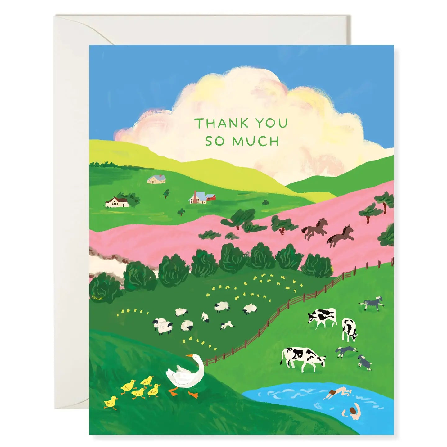 Farmland themed thank you card with hills and pastures featuring farm animals and text "thank you so much"