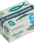 Box of Hunter seafood stickers with fish illustrations and text on a white background
