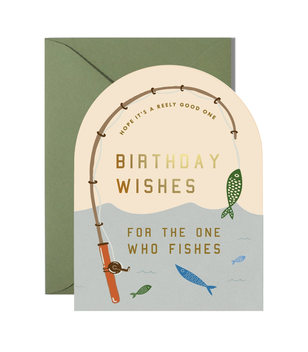 Fishing-themed birthday card with a fishing rod and fish illustrations on a light blue background.