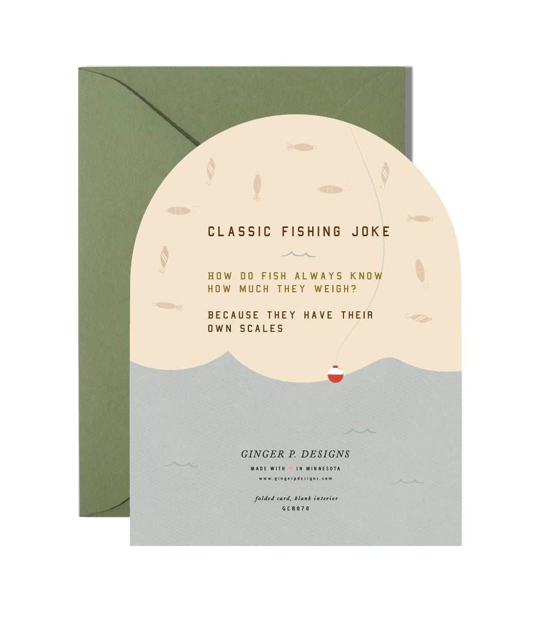 Greeting card with fishing joke and 'Ginger P. Designs' branding