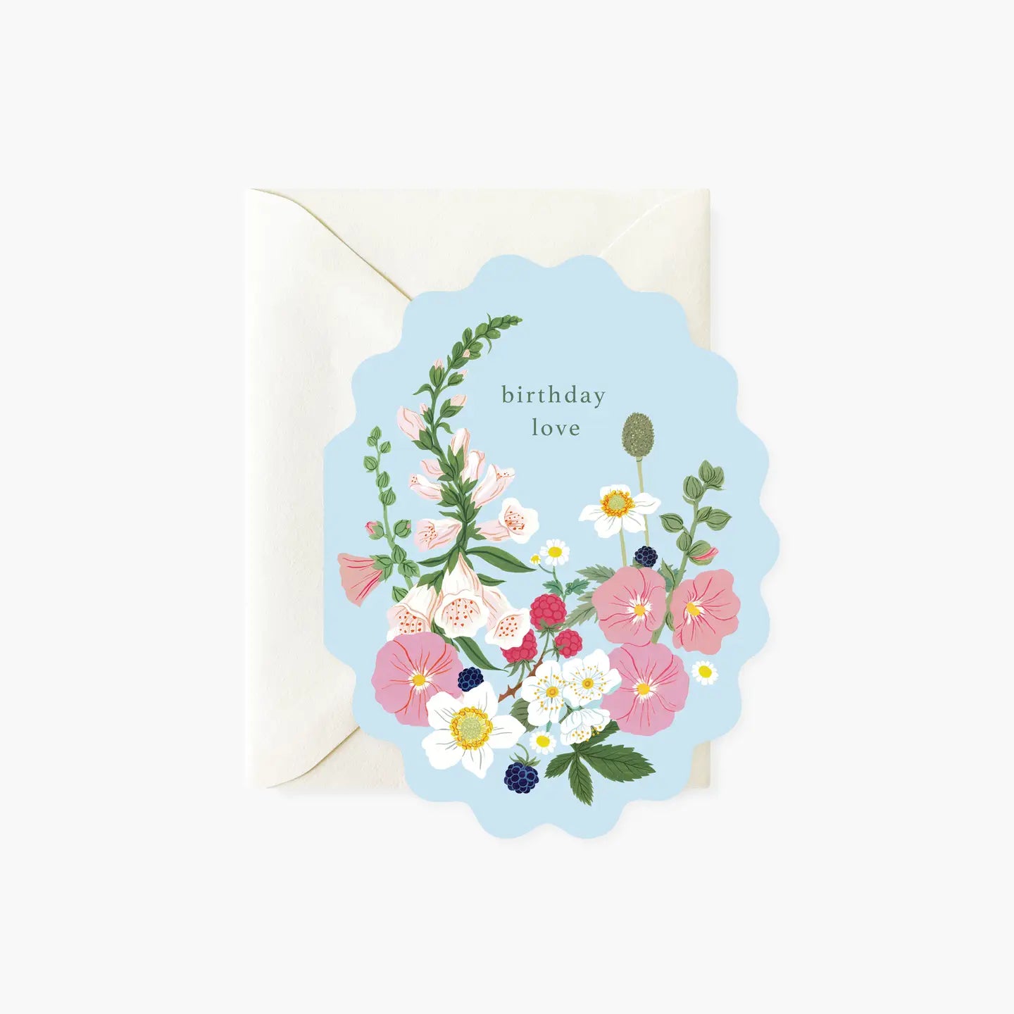 Floral card with 'birthday love' text on a light blue background