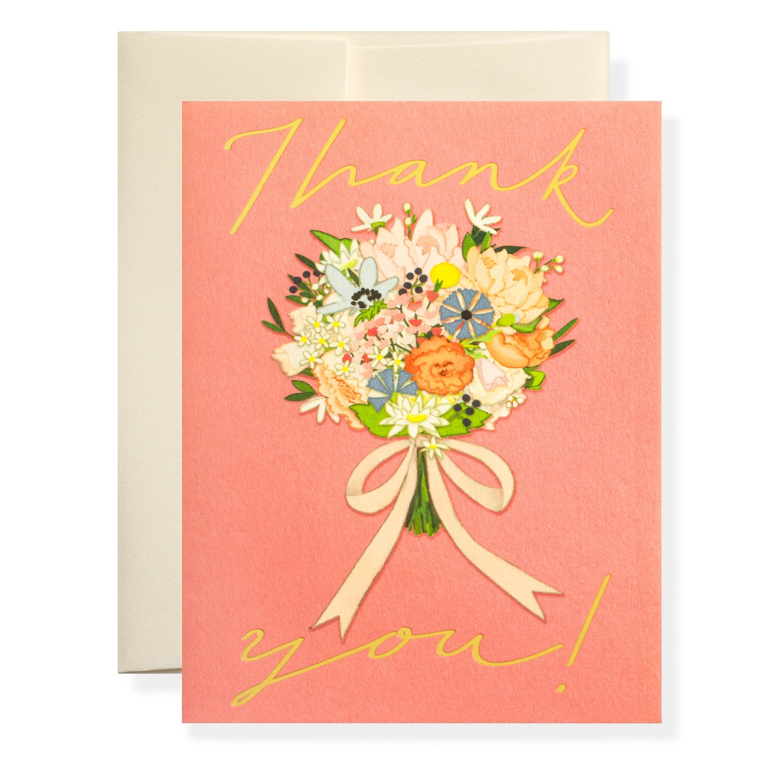 pink thank you card featuring large bouquet of flowers with big bow ribbon