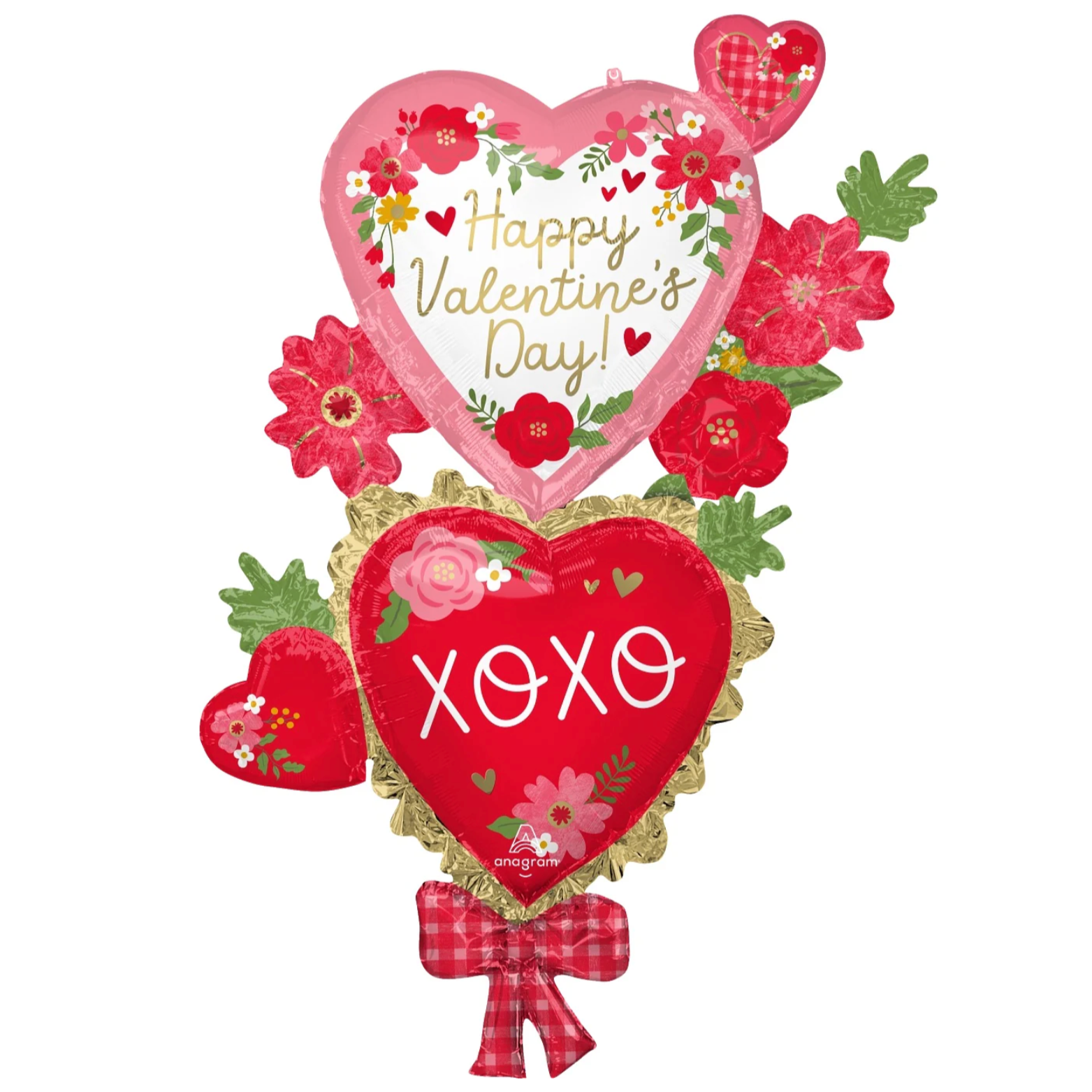 A giant Valentine's Day themed balloon with a red and pink color scheme, featuring hearts, flowers, and the text 'Happy Valentine's Day!' along with 'XOXO'.