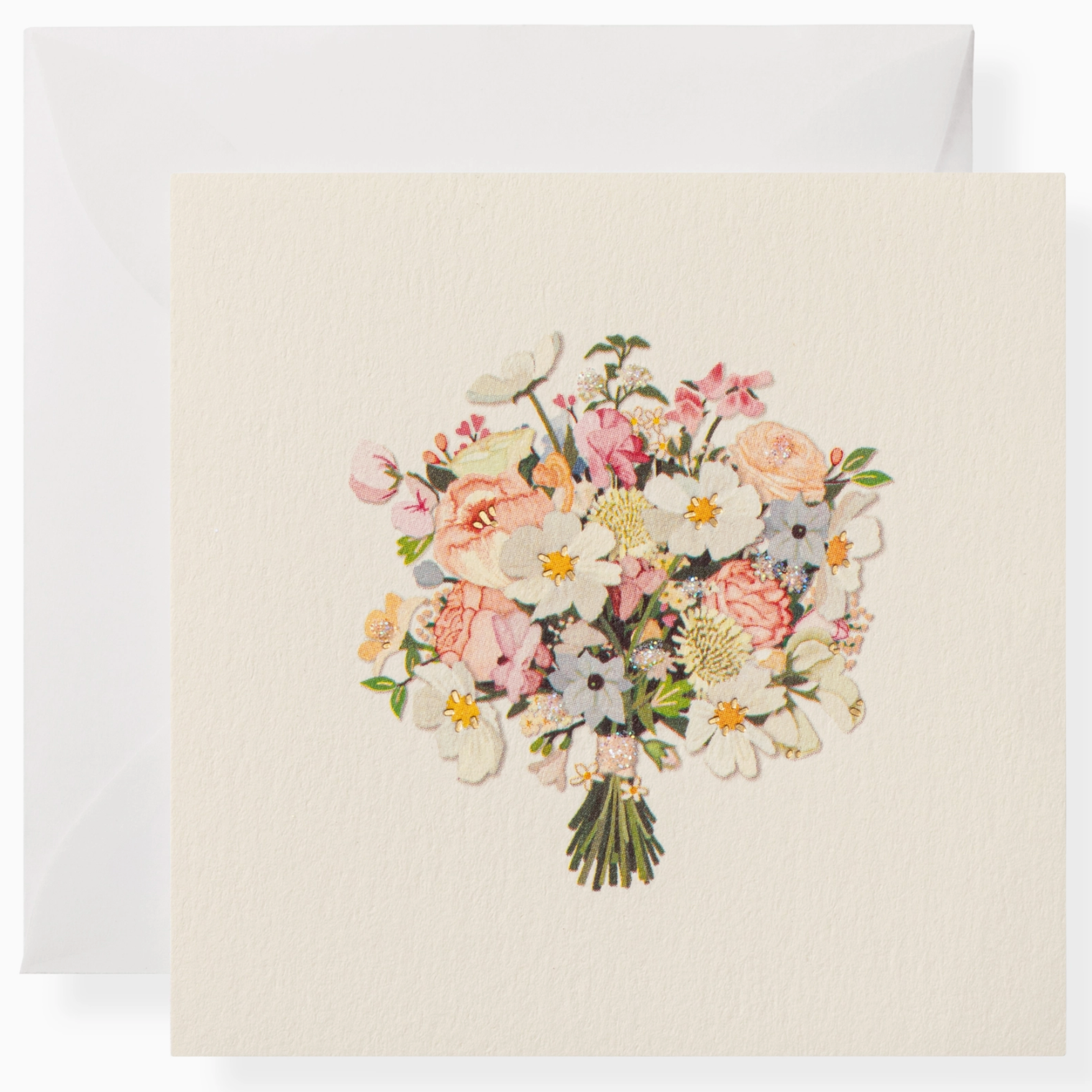 A floral-themed mini greeting card with a depiction of a bouquet of various flowers in shades of pink, white, and gray, and a matching envelope.