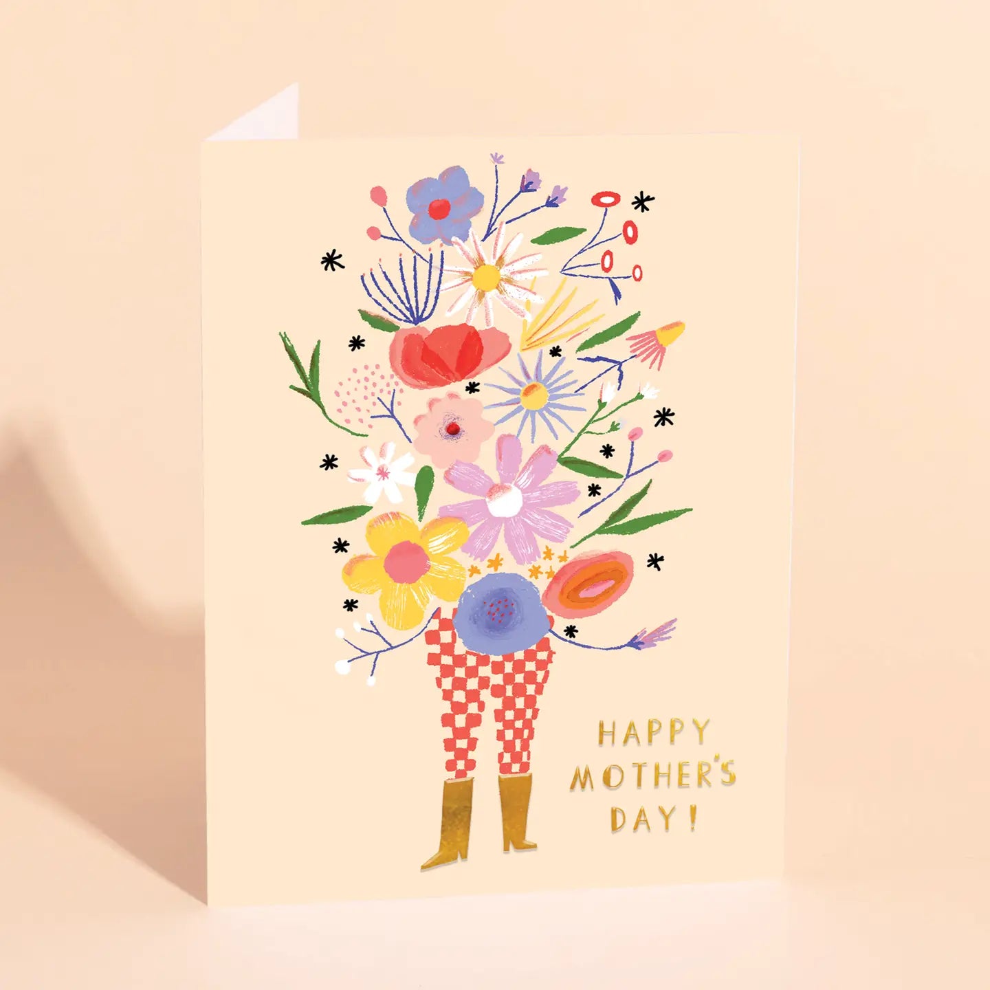 Colorful card with illustration of a woman with flowers for Mother's Day on a beige background