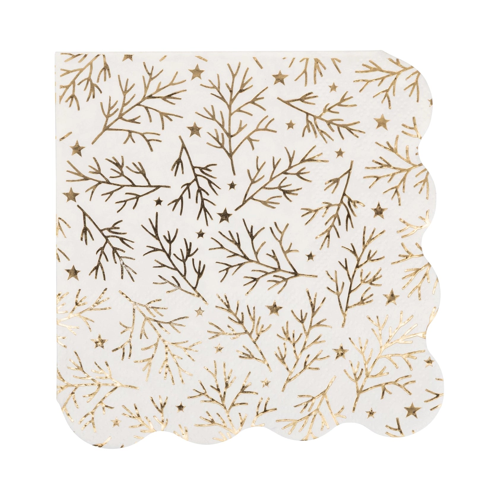 Decorative paper napkin with gold branch pattern and stars on a white background