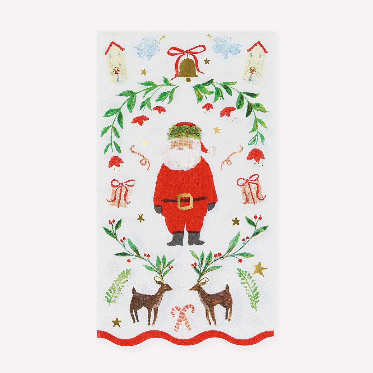 A paper napkin featuring a festive Christmas illustration with Santa Claus, green holly garlands, red bows, gifts, reindeer, candy canes, and gold stars.