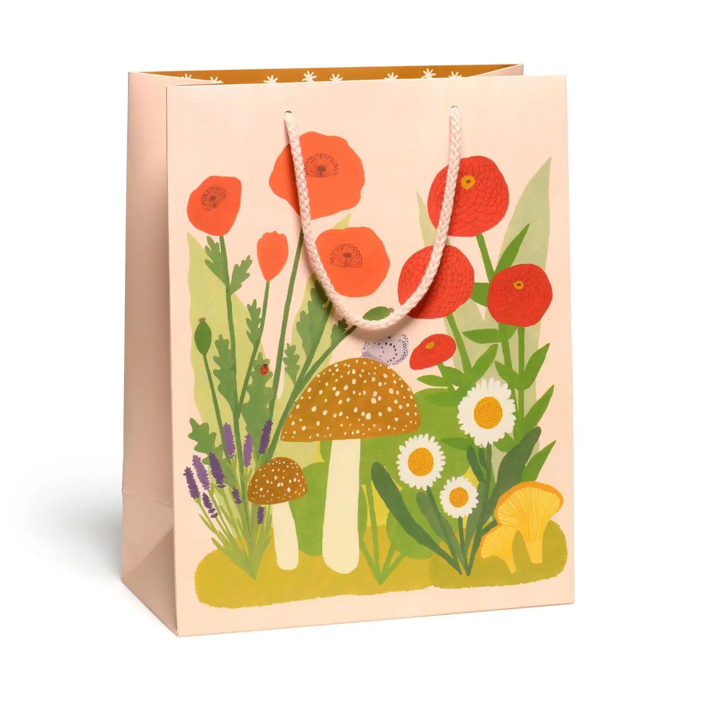 pink gift bag with forest flora illustrations