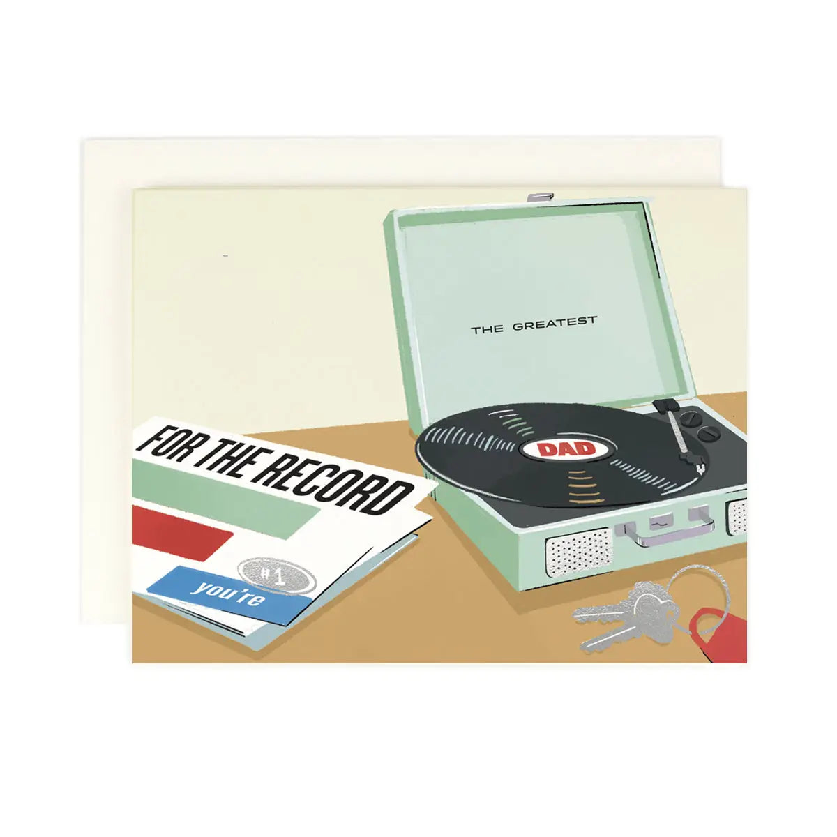 A greeting card depicting a vintage record player with a record labeled 'DAD' on it, and the text 'FOR THE RECORD' and 'THE GREATEST'. The card is set against a beige background.
