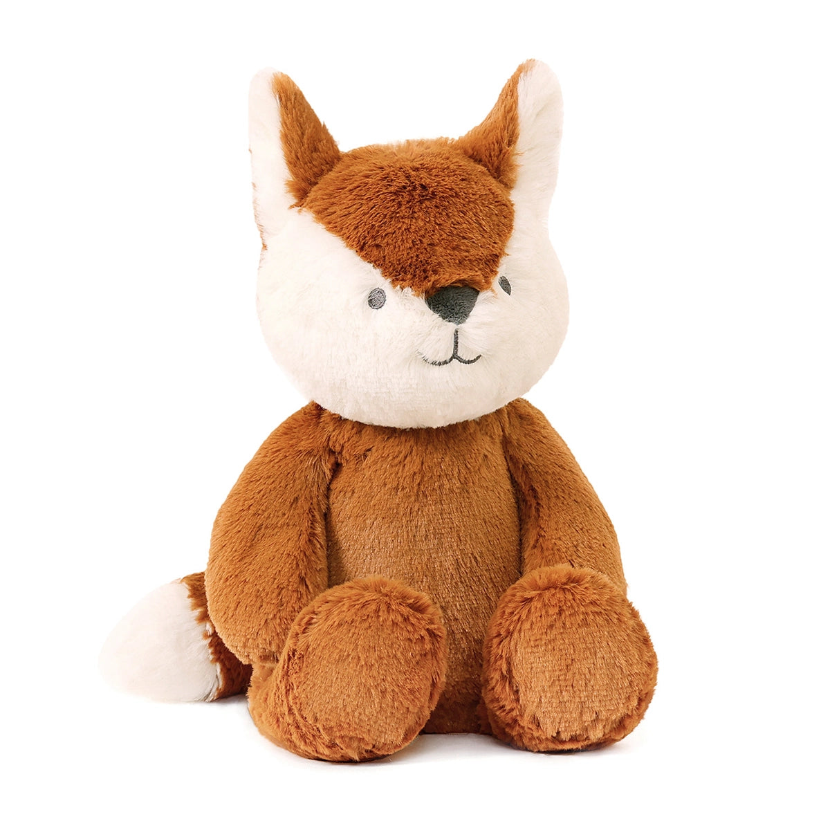 Plush toy fox with a white face on a white background