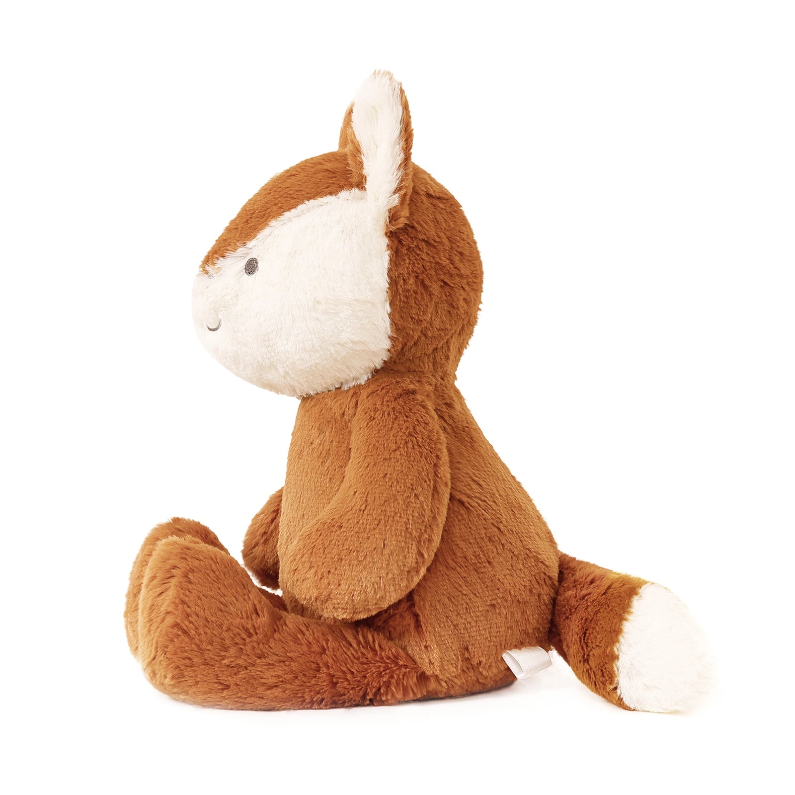 Brown plush toy with white accents on a white background