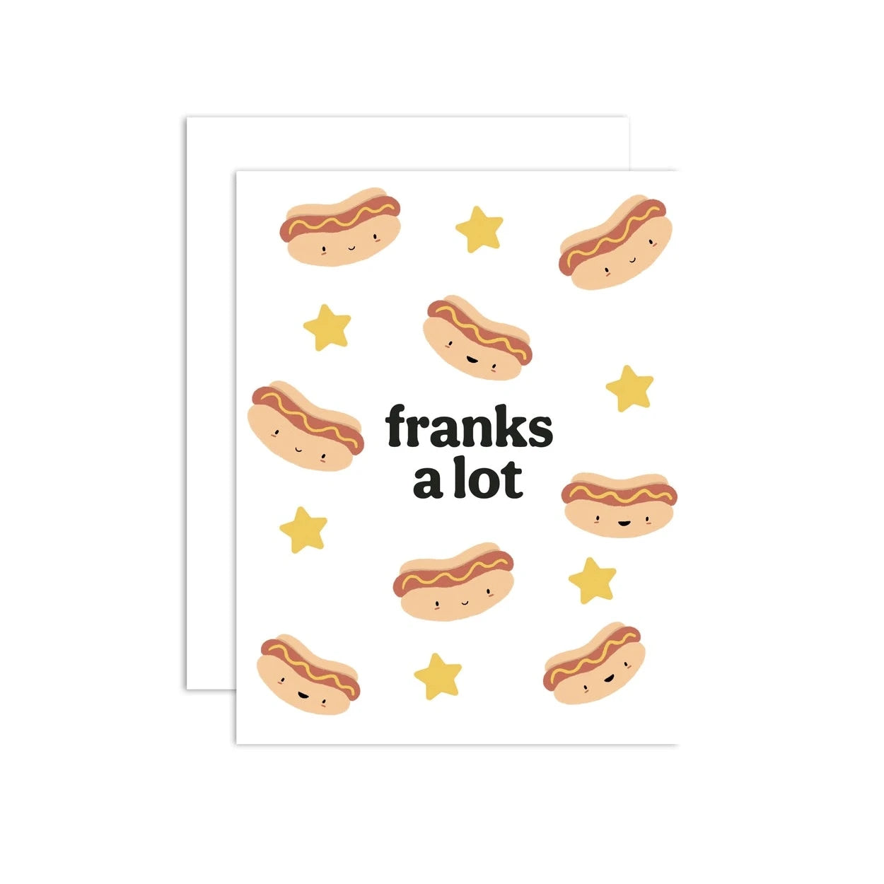 A greeting card with a cartoonish design featuring hot dogs and stars, with the text 'FRANKS A LOT' in the center.