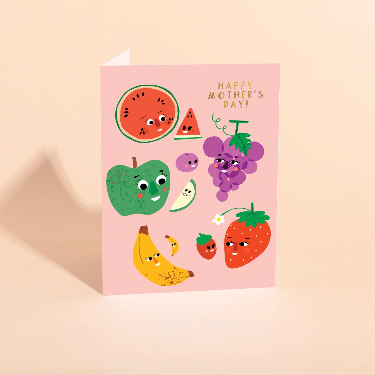 Greeting Card with various fruit with faces and text that reads "Happy Mother's Day!" in the top corner.