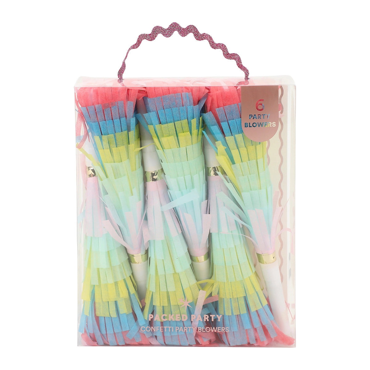 Packaged confetti party blowers with colorful handles in a clear box.