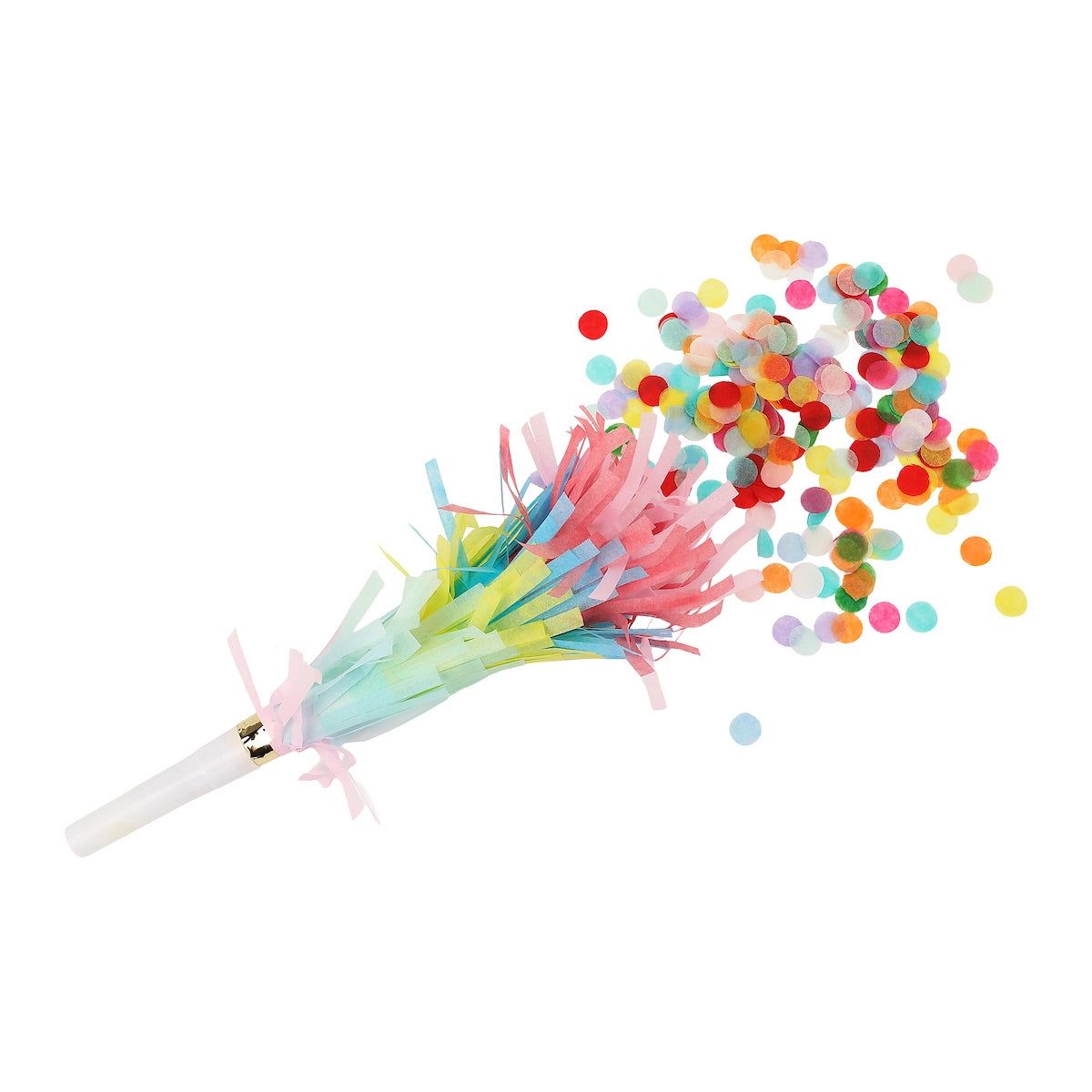 Colorful confetti popper with multicolored confetti on a white background