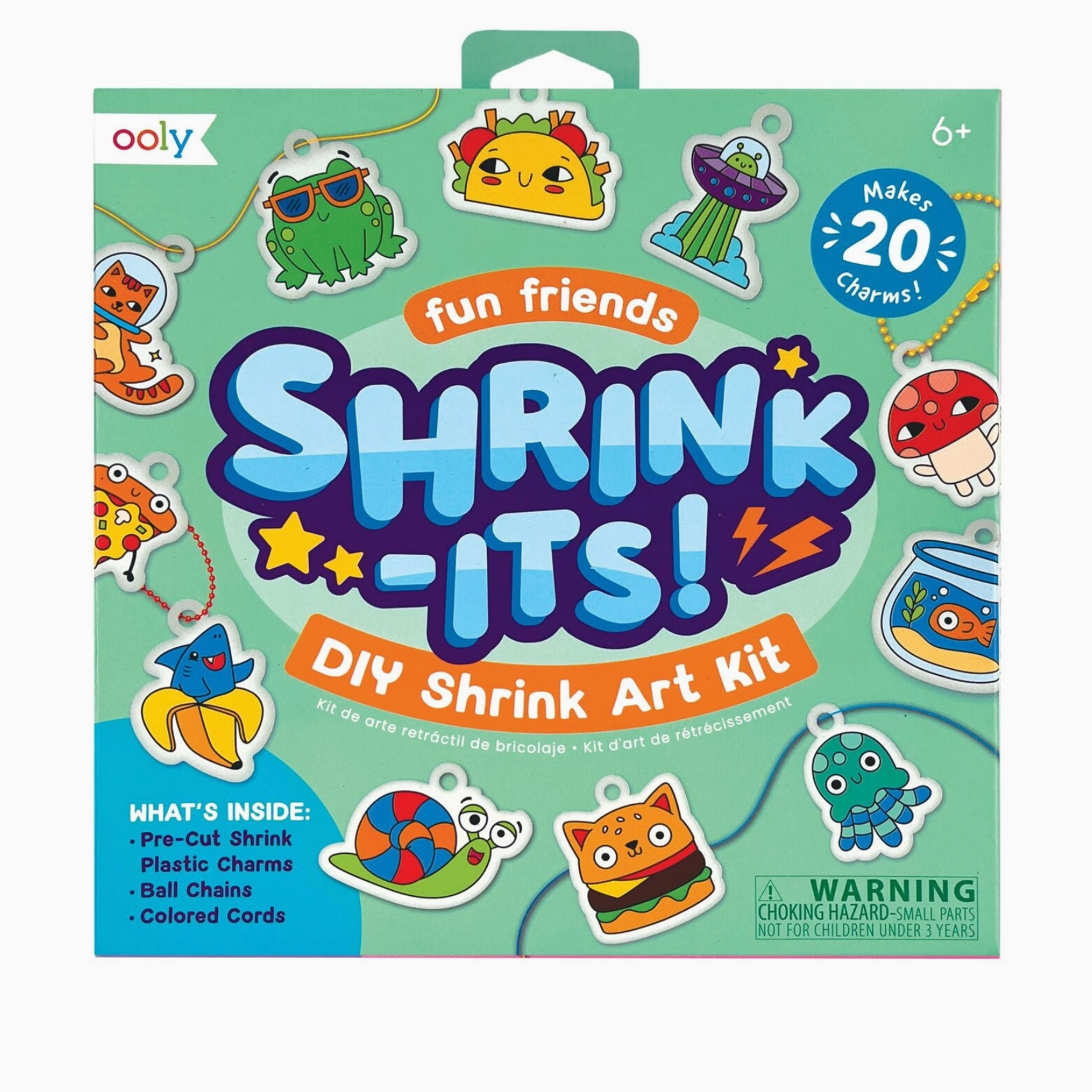 Packaging of 'Fun Friends Shrink-Its DIY Kit' featuring various colored shrink plastic charms and accessories with a colorful design.