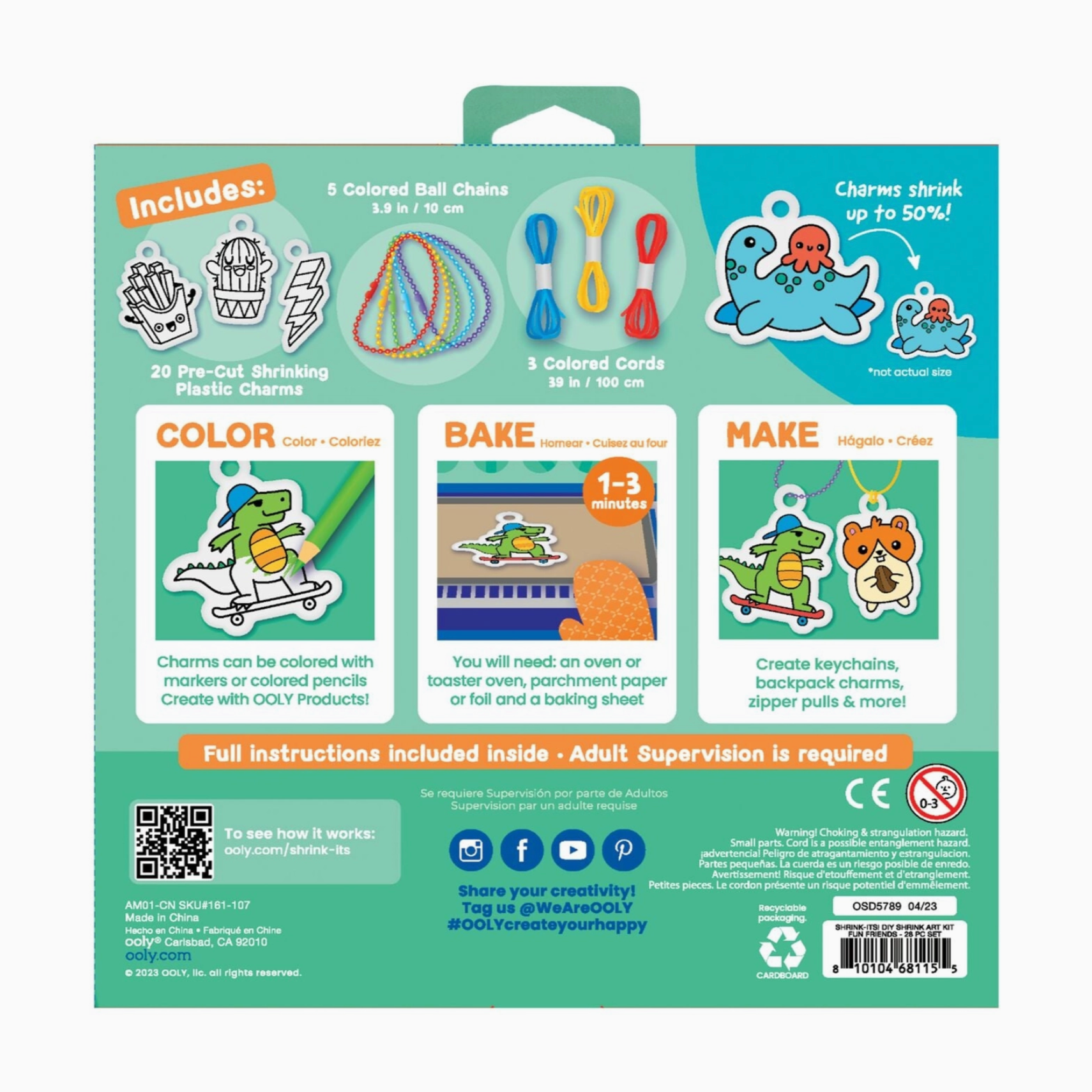 Back sdie packaging of 'Fun Friends Shrink-Its DIY Kit' featuring various colored shrink plastic charms and accessories with a colorful design.