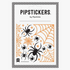 Packaging for Fuzzy Spiders and Web Stickers showing a sheet of decorative stickers with spider and web designs in fuzzy finish.