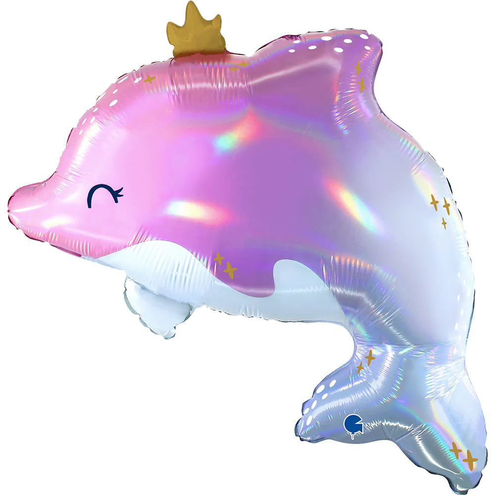 A multicolored balloon in the shape of a dolphin with a mini crown on its head, featuring a glowing effect.