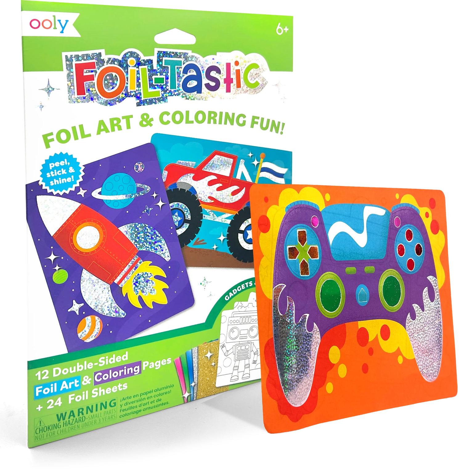 Ooly Foil-Tastic foil art and coloring fun set featuring gaming and transportation themes, with packaging 