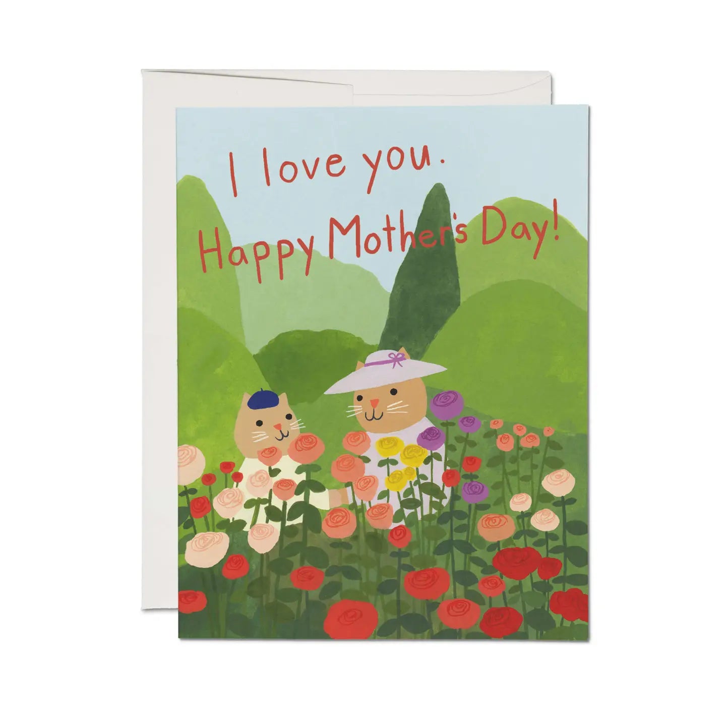 A Mother's Day card featuring a colorful garden scene with two cartoon characters and the text 'I love you. Happy Mothers Day!'.