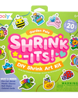 Packaging for Garden Pals Shrink-Its DIY Kit by ooly, featuring colorful shrink plastic charms and garden-themed illustrations.