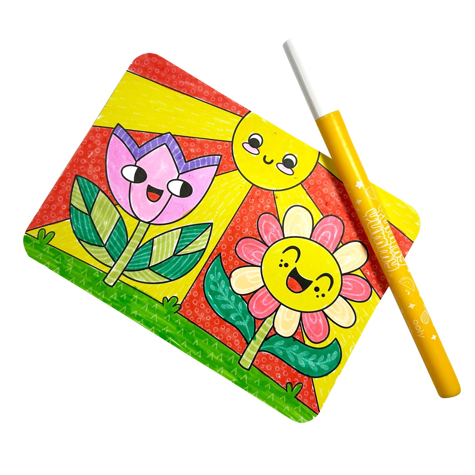 Colorful notebook with cartoon-style flowers and a yellow pen on a white background
