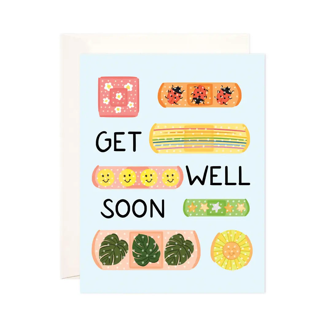 Get well soon card with band-aids and smiley faces on a light blue background