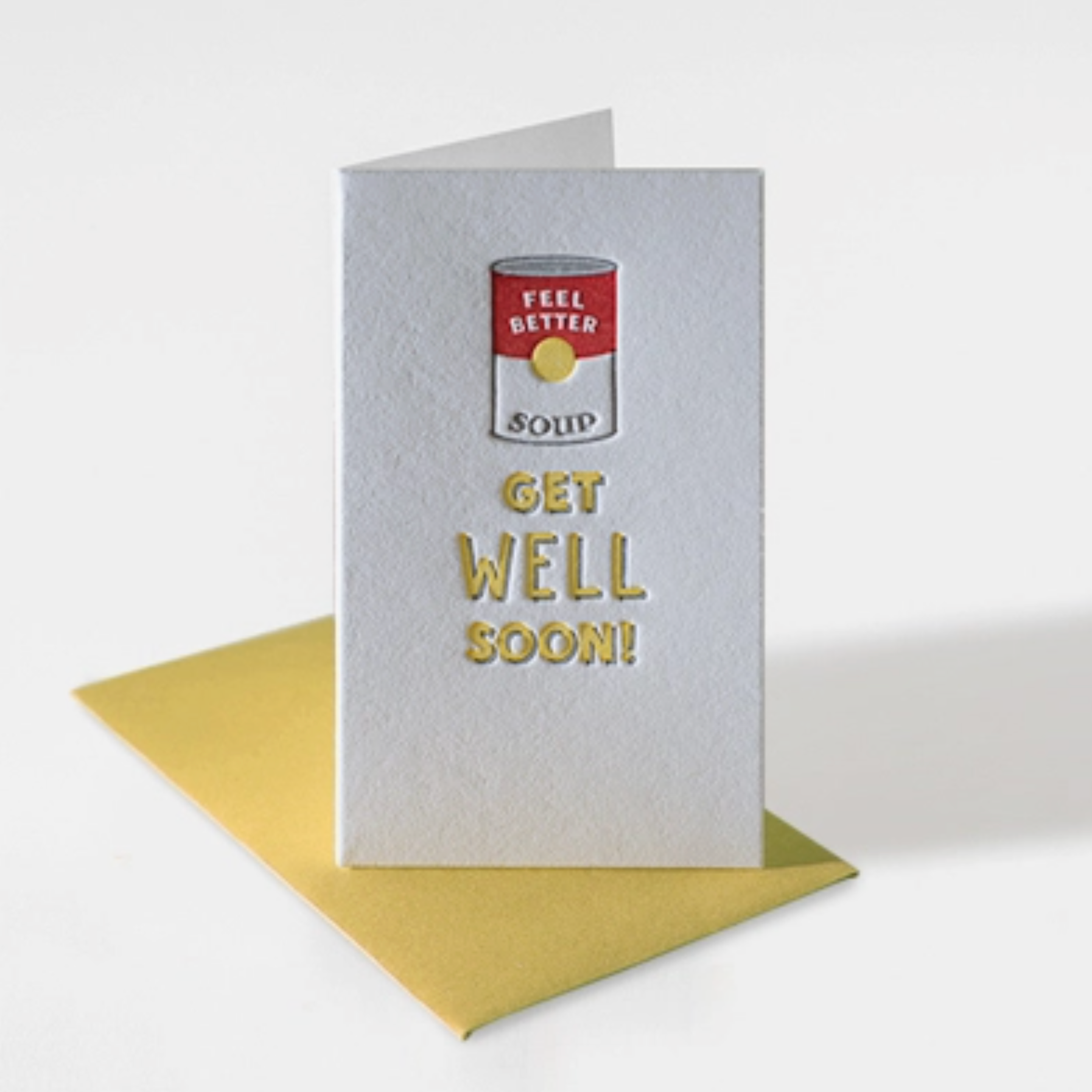 Mini Notecard with canned soup and text "Get well soon"