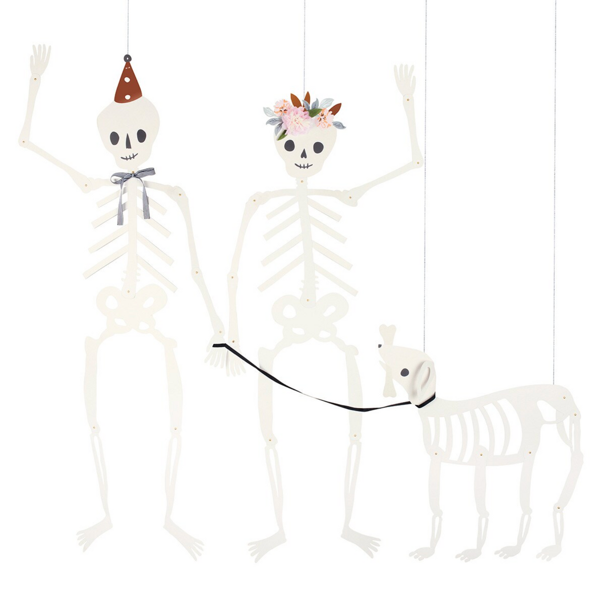 Three skeleton figures with decorative elements on a white background