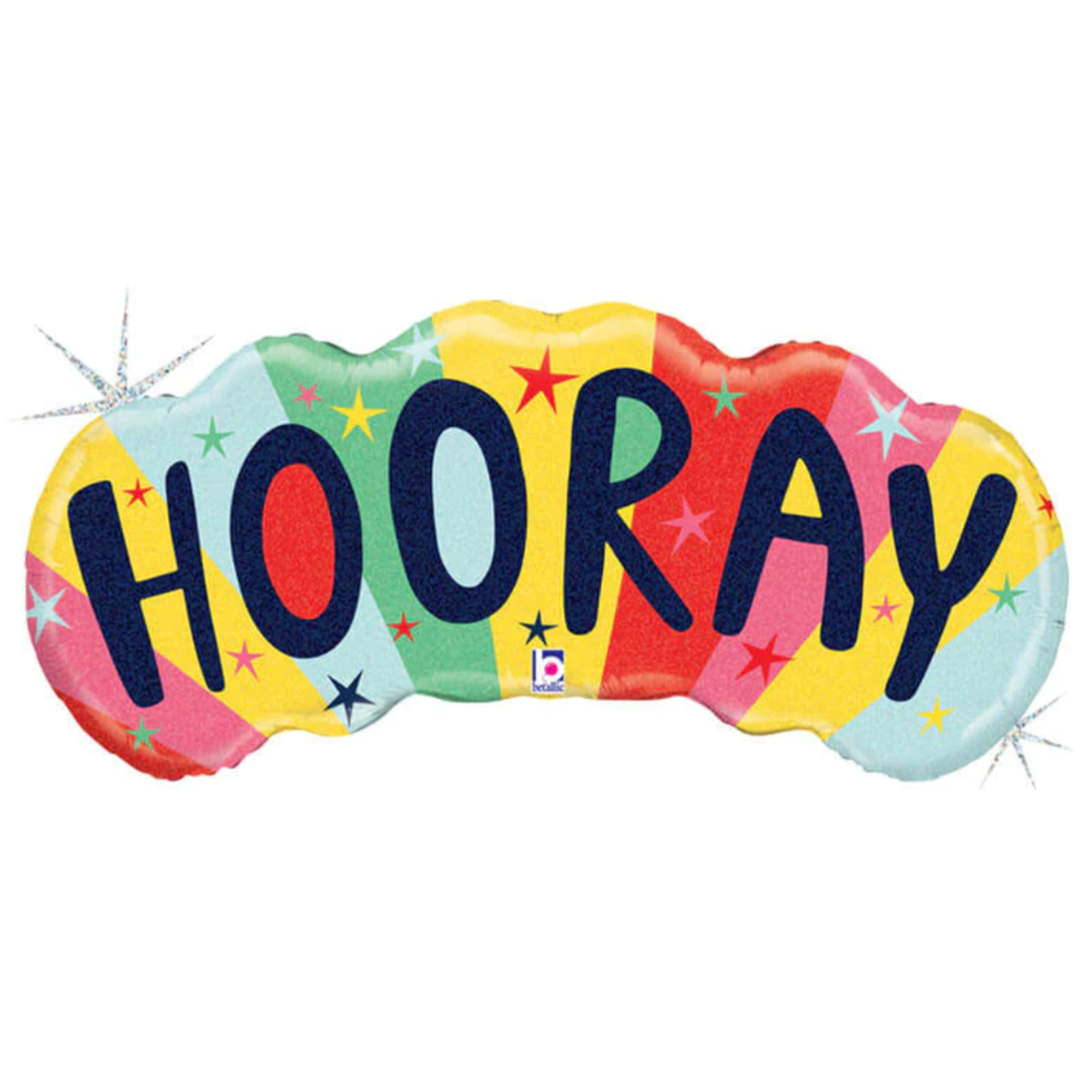 A colorful glittery balloon with the word 'Hooray' written on it, surrounded by stars and celebration-themed decorations.