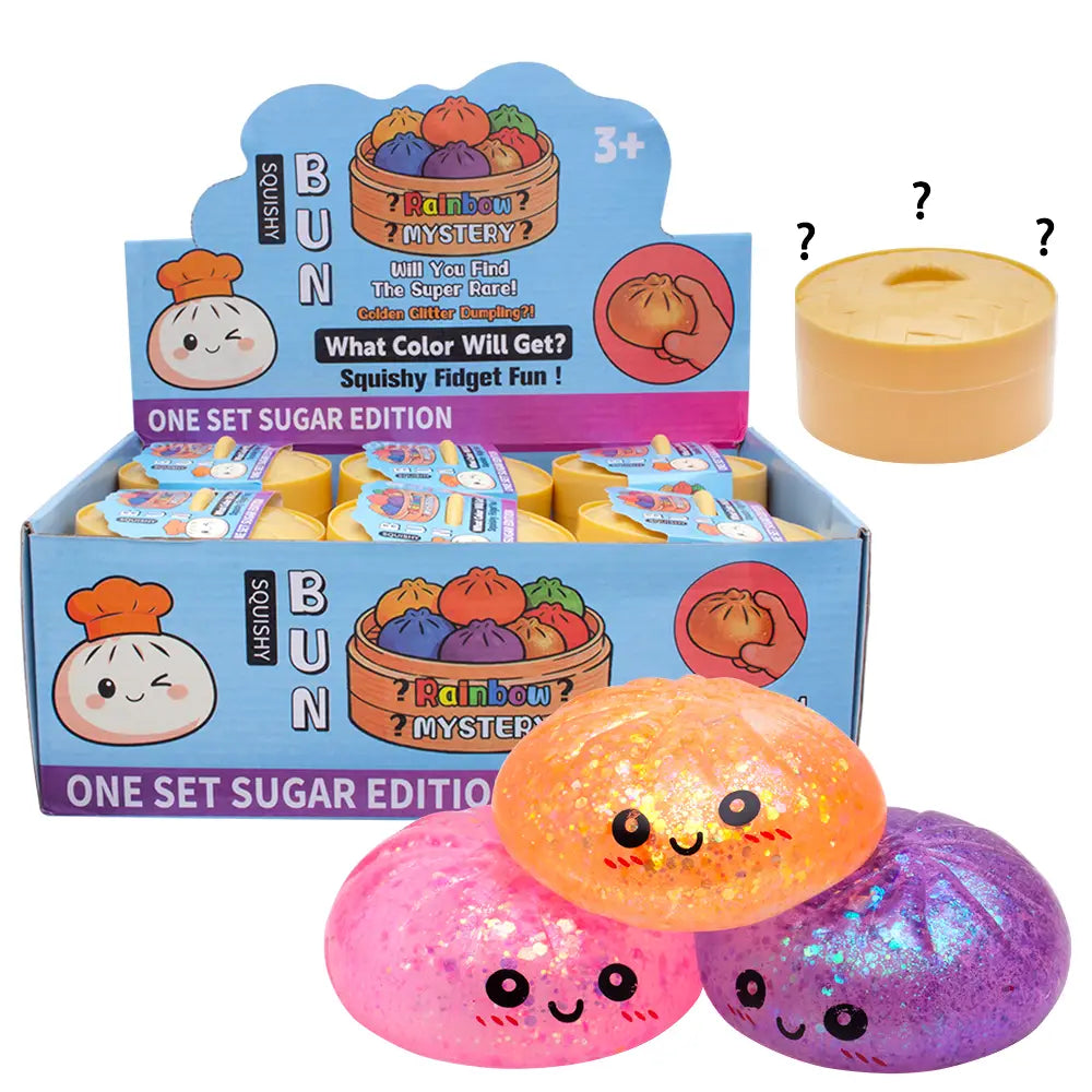 A display box of Rainbow Mystery Squishy toys