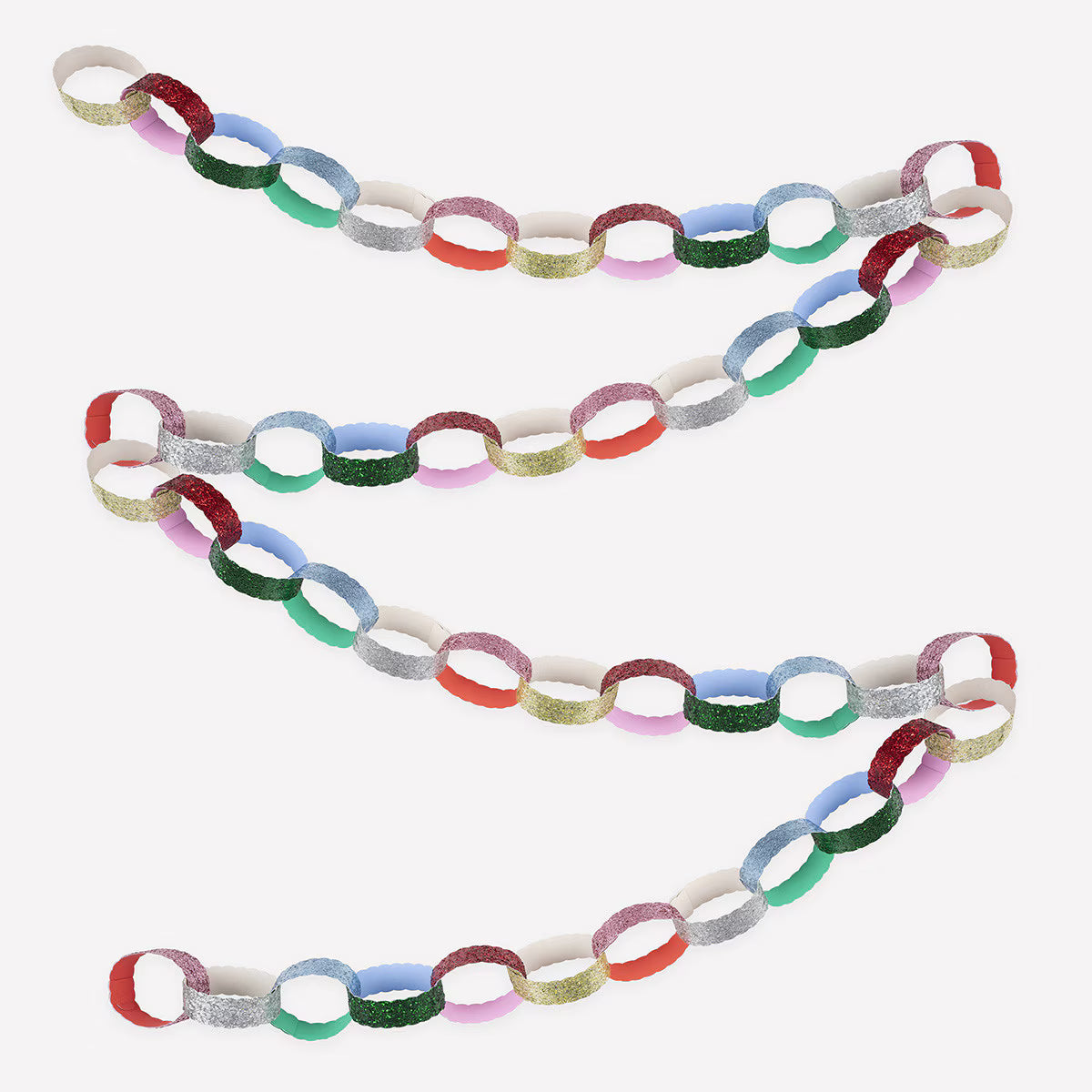 Colorful glitter paper chain on a white background