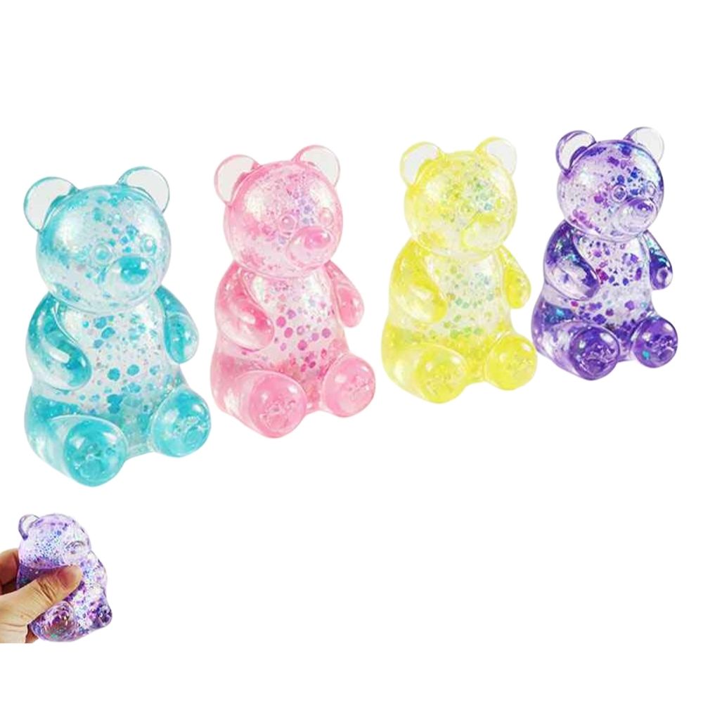 Four colorful gummy bear-shaped squishy toys on a white background