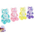 Four colorful gummy bear-shaped squishy toys on a white background