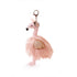 A plush pink flamingo bag charm with a keychain attachment, designed for kids.