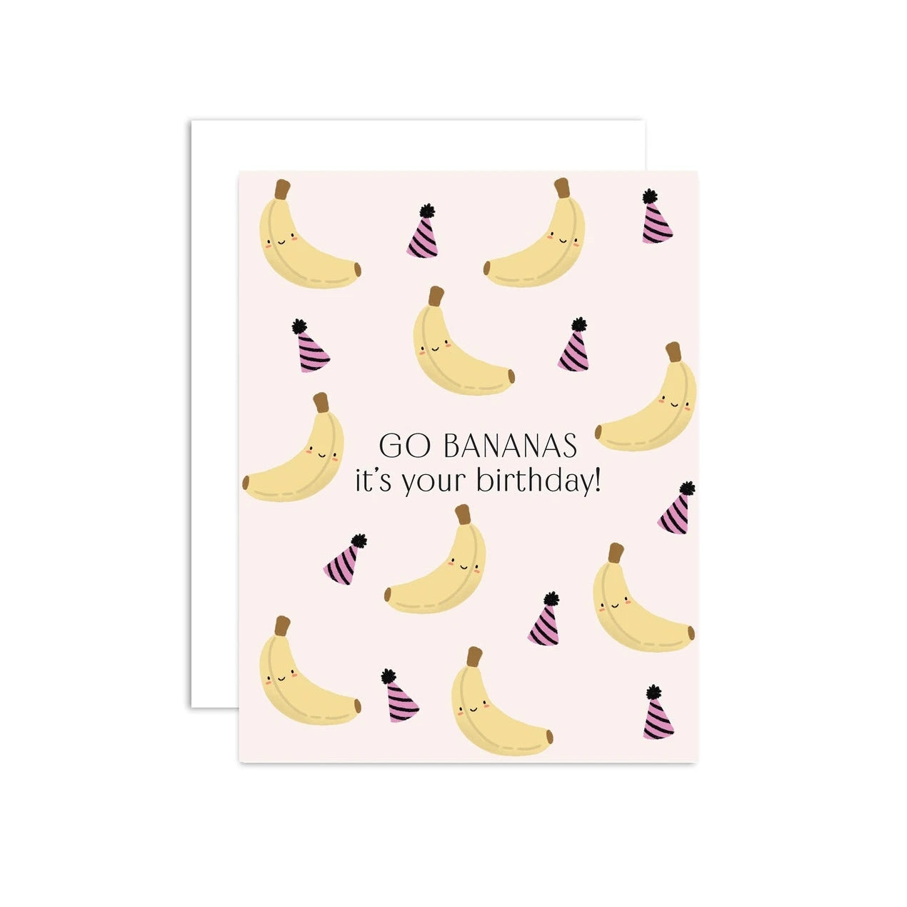 A greeting card with a banana pattern and 'Go Bananas its your birthday!' text, along with a white envelope.