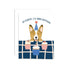 A birthday greeting card with text that reads "go shorty, it's your birthday" and a corgi wearing. party hat sitting in front of three cupcakes on a checkered blue table.