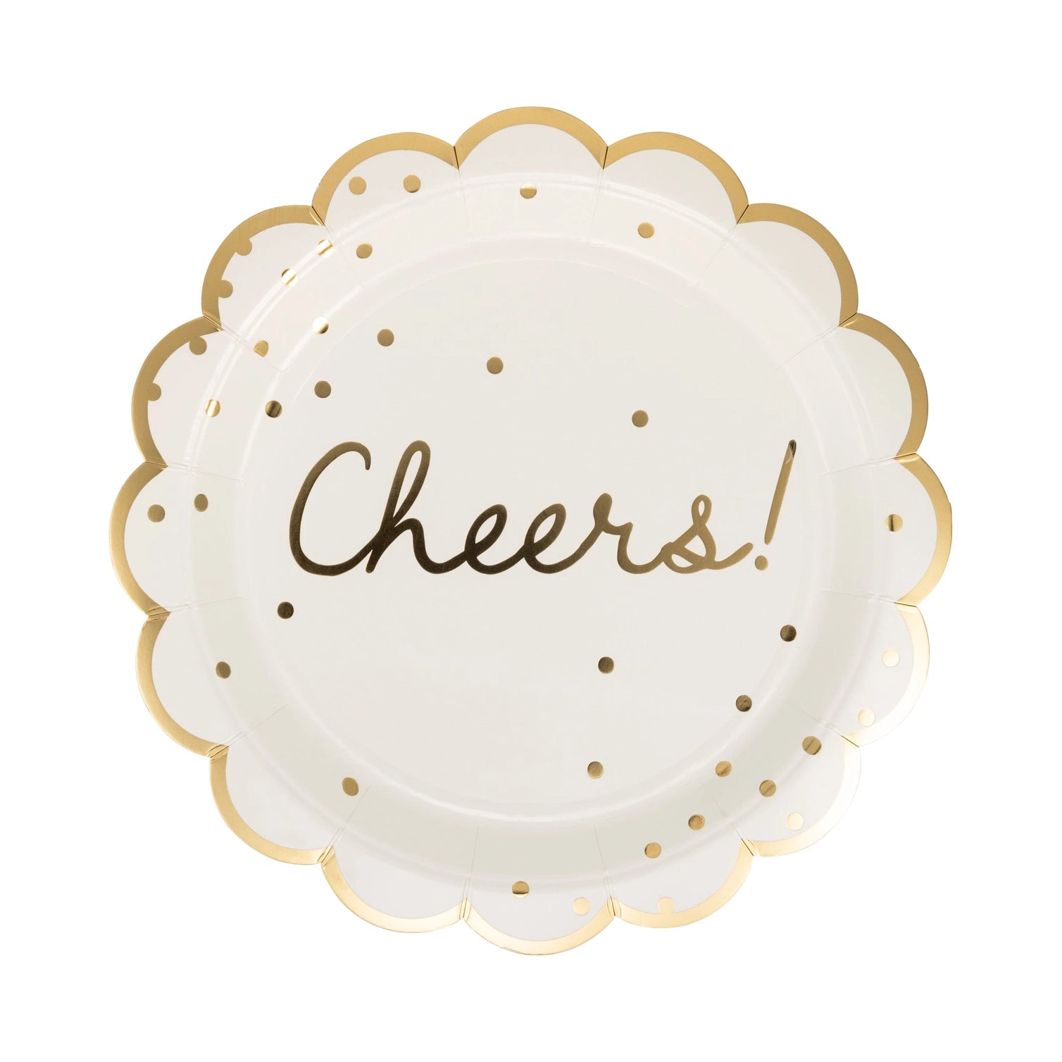 White paper plate with gold polka dots and 'Cheers!' text on a white background