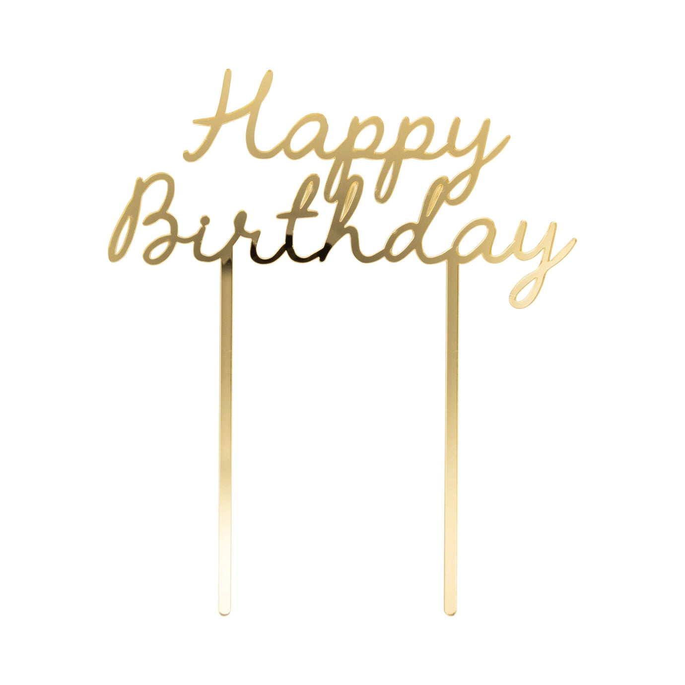 Gold 'Happy Birthday' cake topper on a white background