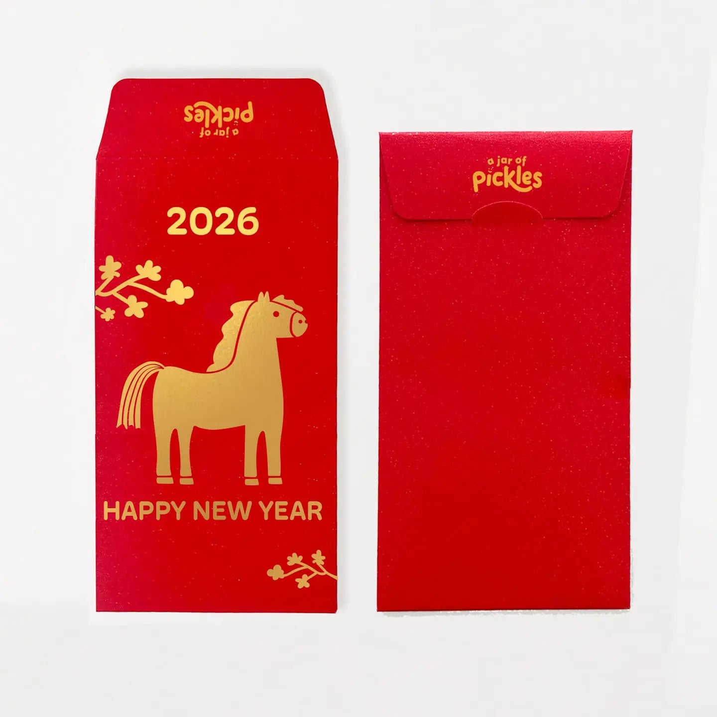 Red envelopes with gold horse illustration and 'Happy New Year' text on a white background