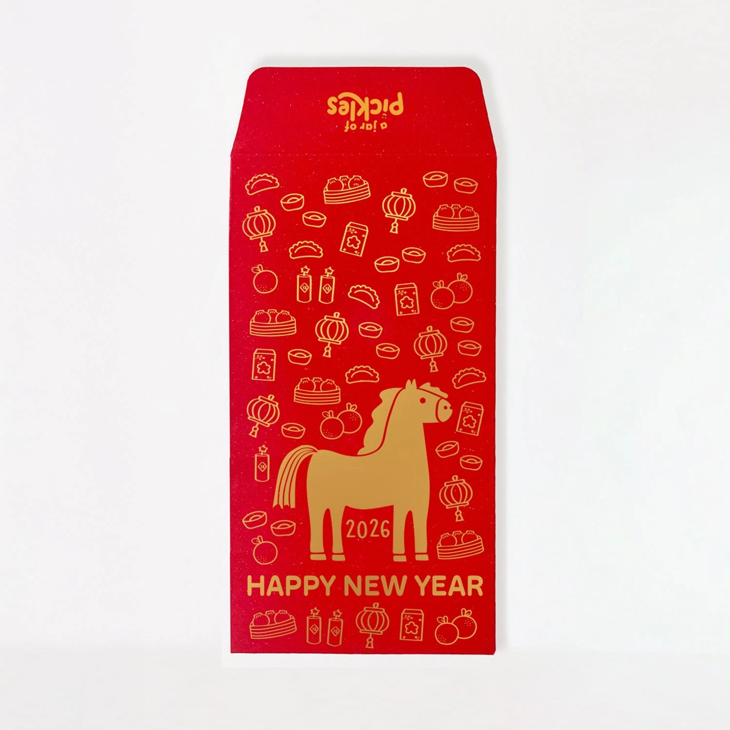 Red envelope with horse illustration and 'Happy New Year' text on a white background
