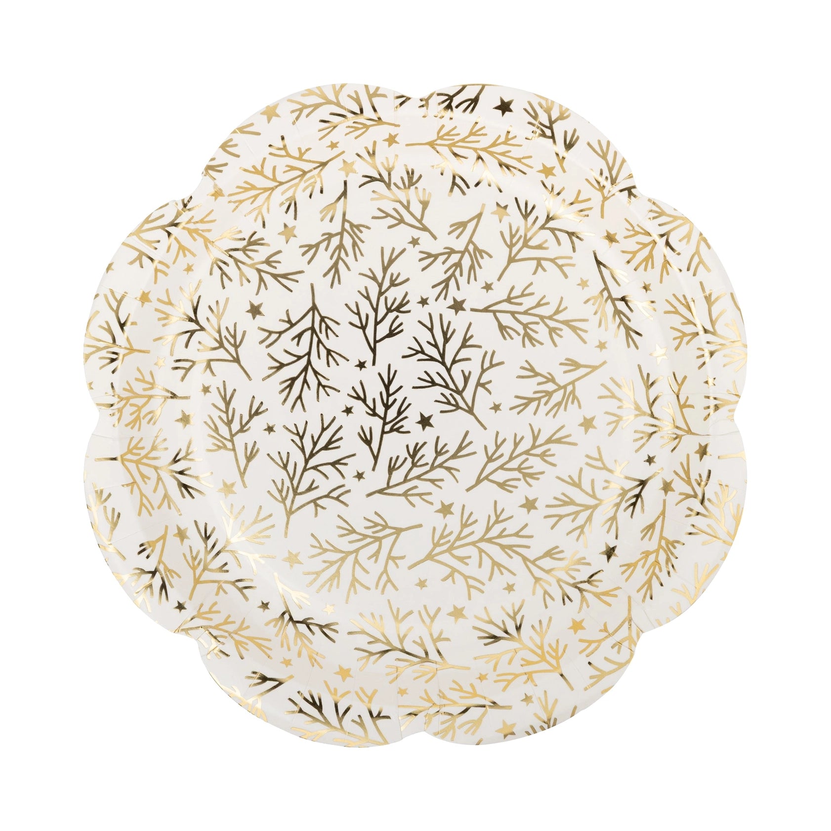 Round paper plate with gold  leaf pattern on a white background