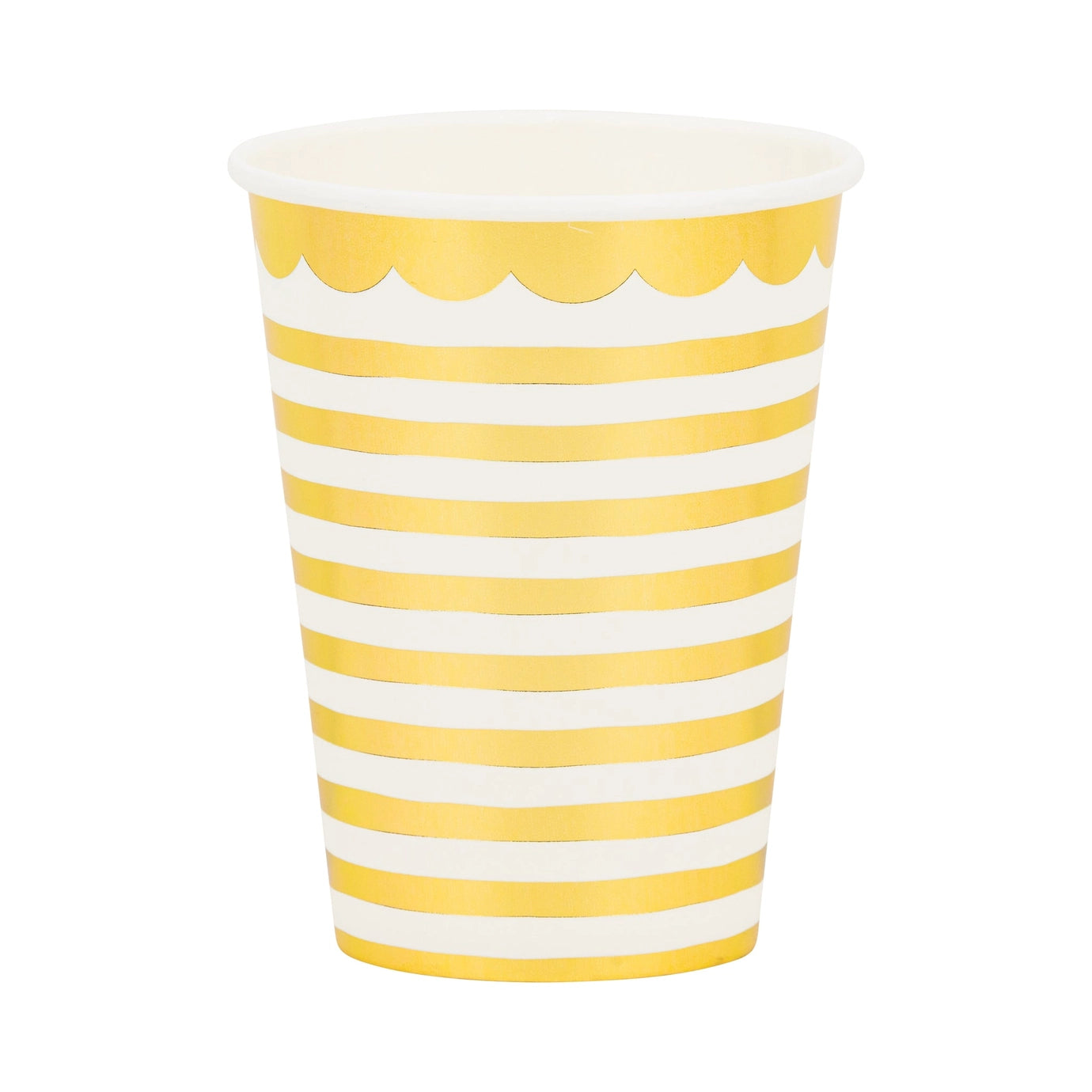 A paper party cup with horizontal gold and white stripes and a scalloped gold rim, shown on a plain white background.