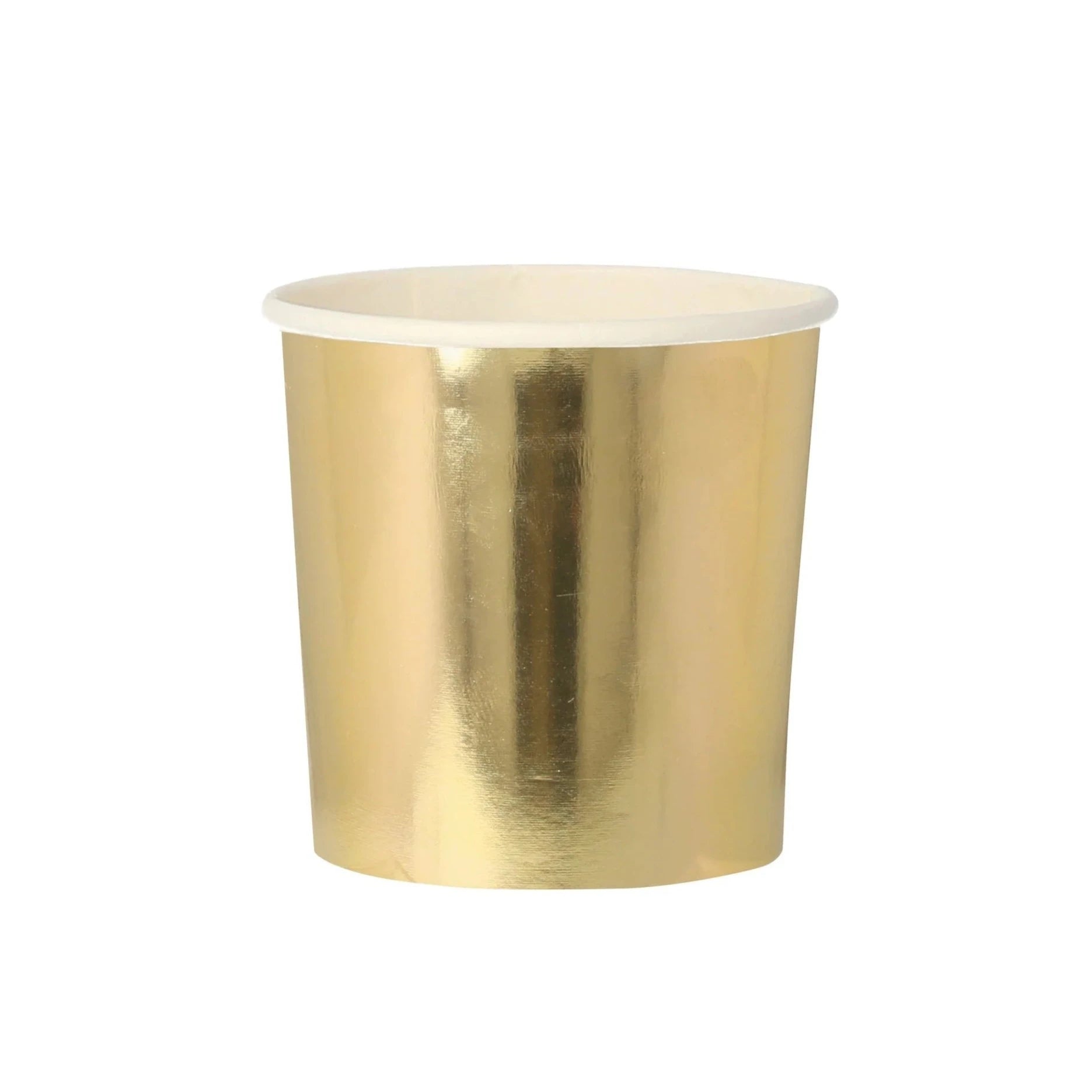 Gold foil paper tumbler cup, with a white background