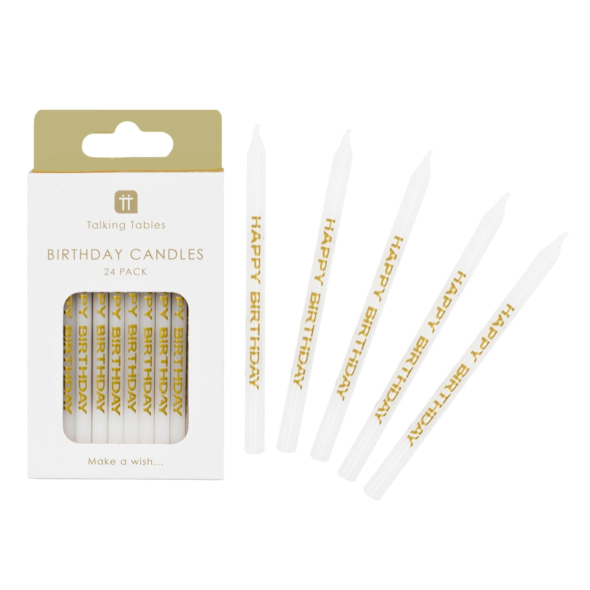 White birthday candles with gold 'happy birthday' text and packaging on a white background